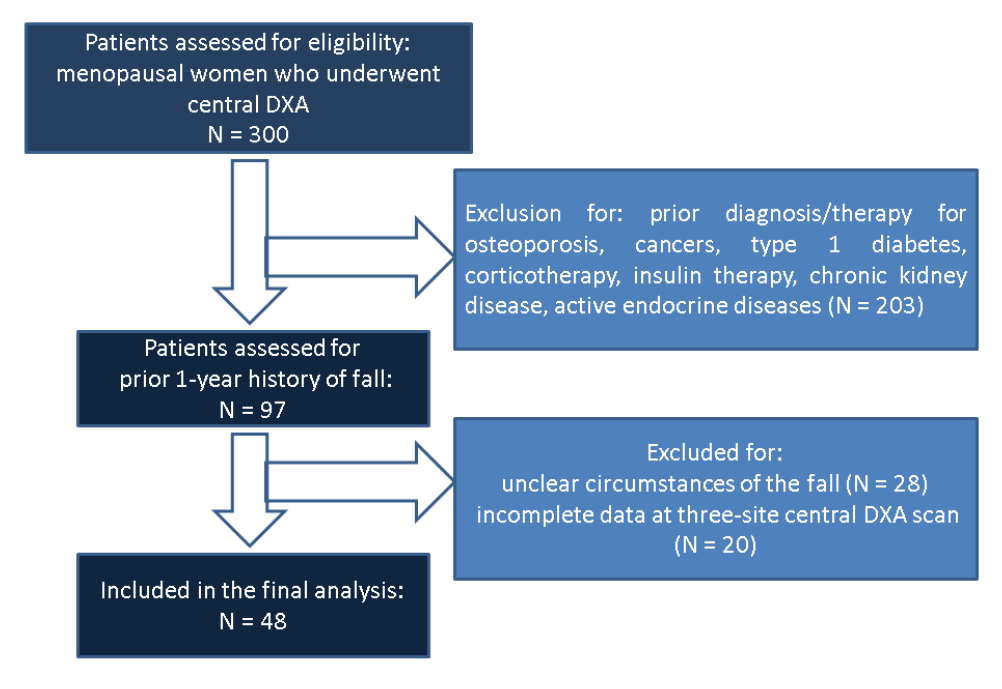 Study protocol flow chart from 300 patients assessed for eligibility to 48 patients included in the final analysis