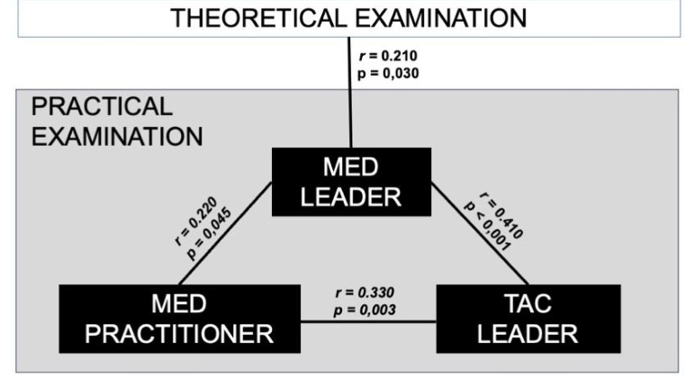 Descriptive map of observed associations between theoretical examination scores and the three practical roles: Medical Leader, Medical Practitioner, and Tactical Leader