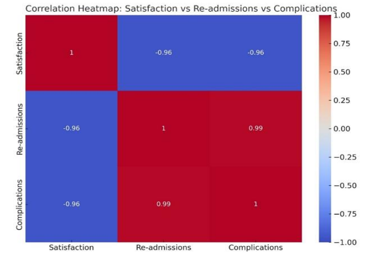 Correlation heatmap between satisfaction, readmissions and complications