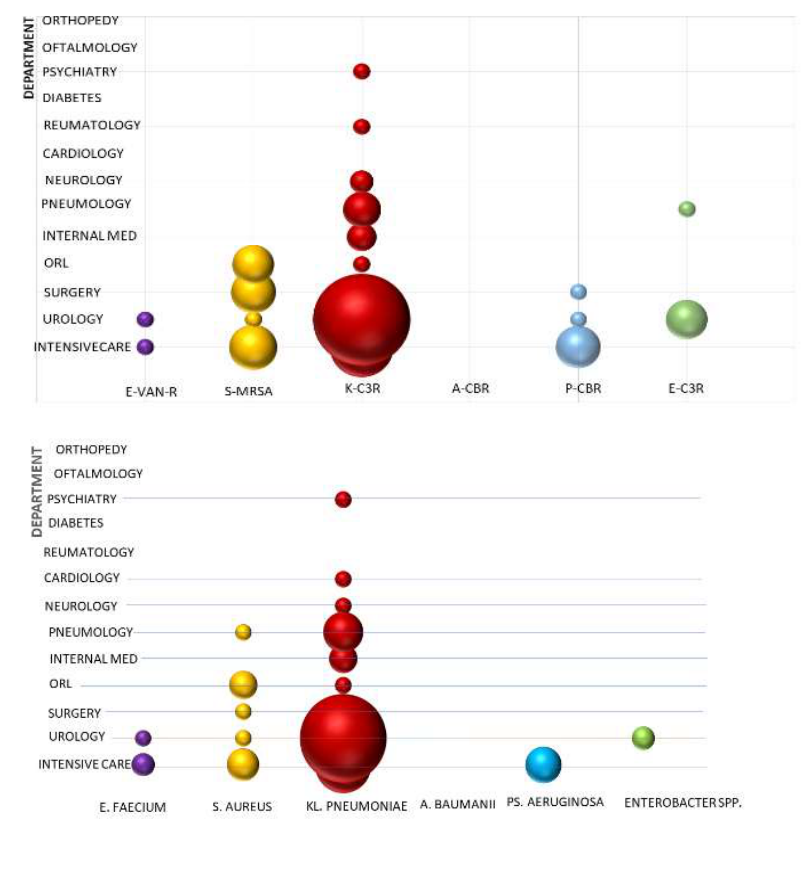 Distribution of ESKAPE Germs in Hospital Departments: a – by Specific AMR; b – by MDR