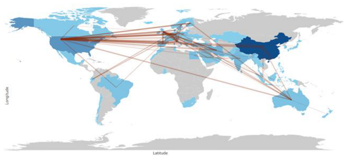 World map showing lines of international research collaboration on miRNA and diabetes mellitus connecting countries across every continent.